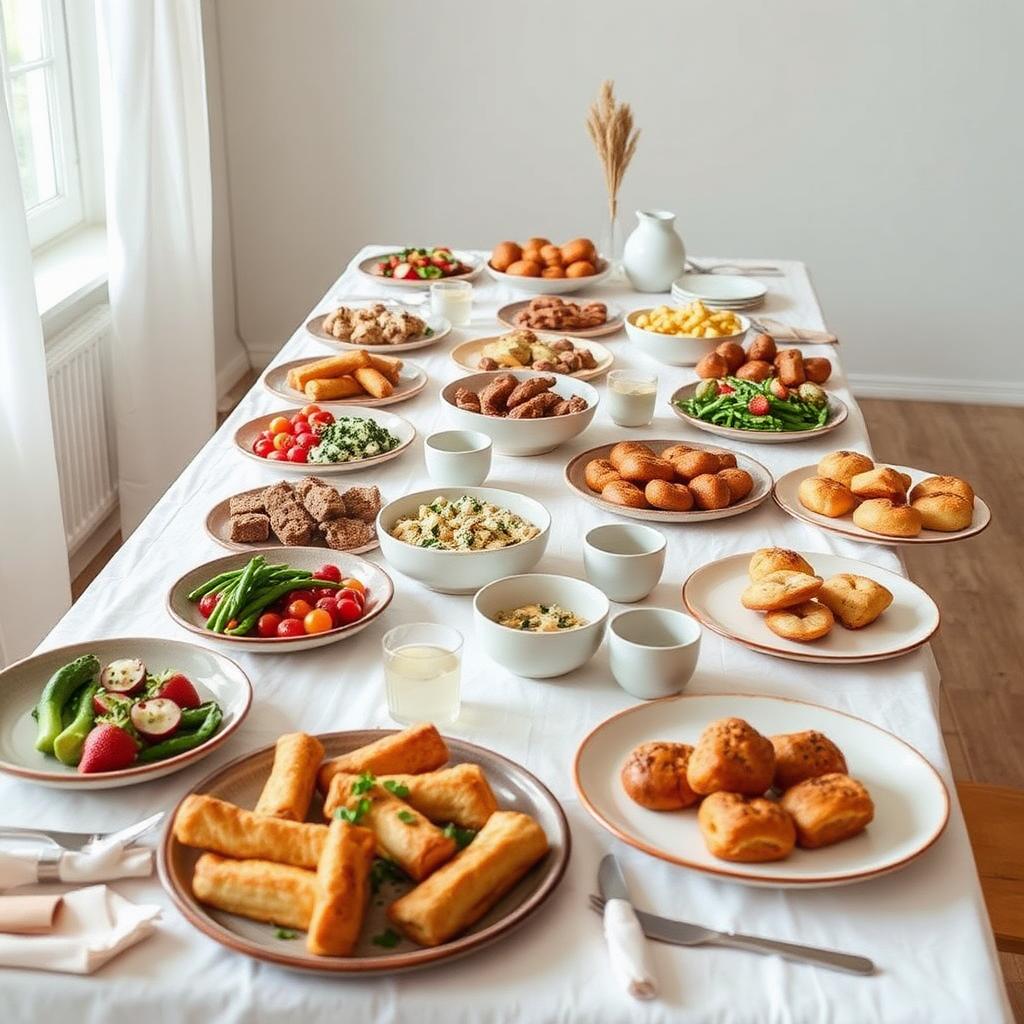 Catering table of whole-food dishes and pastries