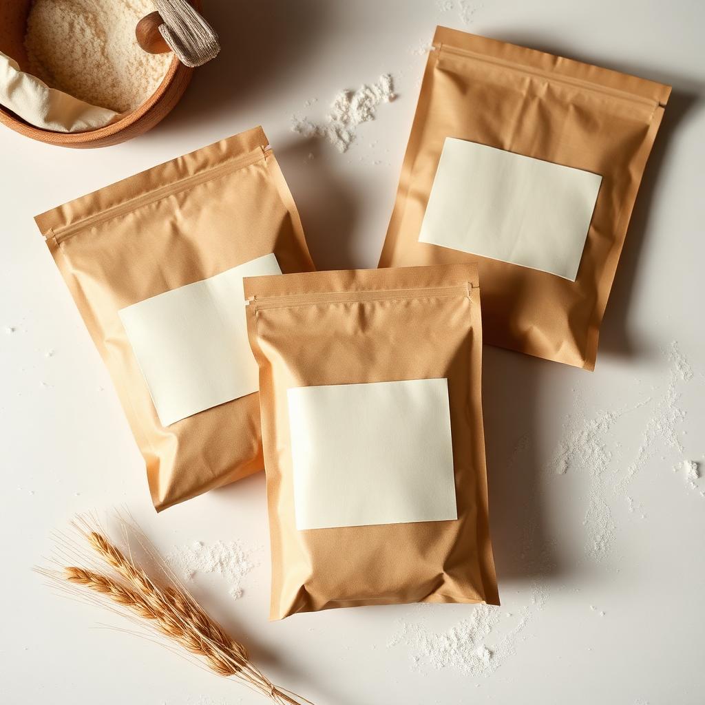 Kraft paper baking mix pouches with flour and wheat